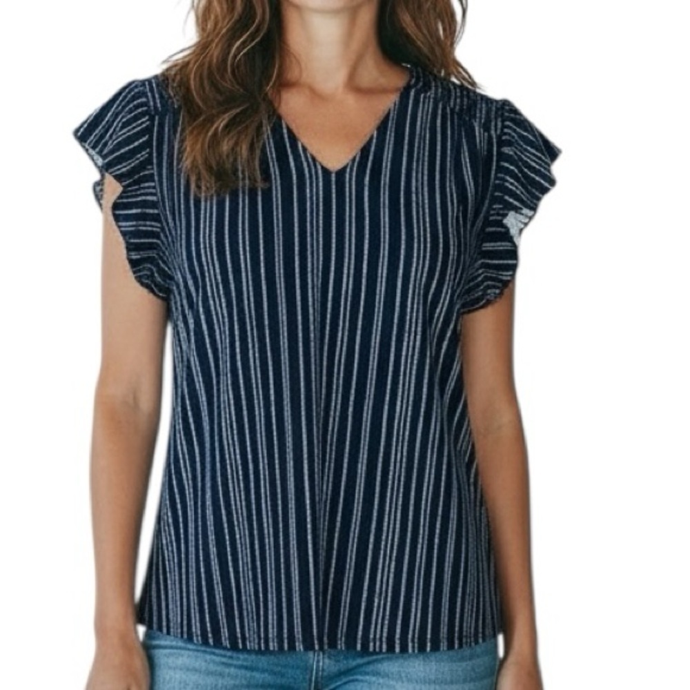 NWT ADRIANNA PAPELL Navy Blue Striped Ruffle Short Sleeve Blouse Size Medium